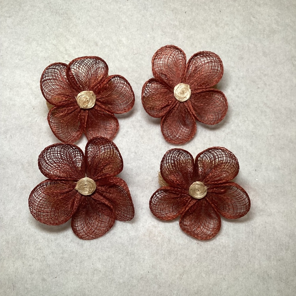 Set of 4 Terracotta Woven Sinamay Flower Napkin Rings Rustic Boho Table Decor